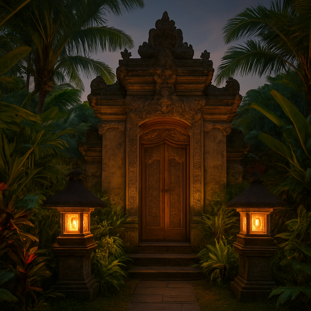 Traditional Balinese temple gate at dusk