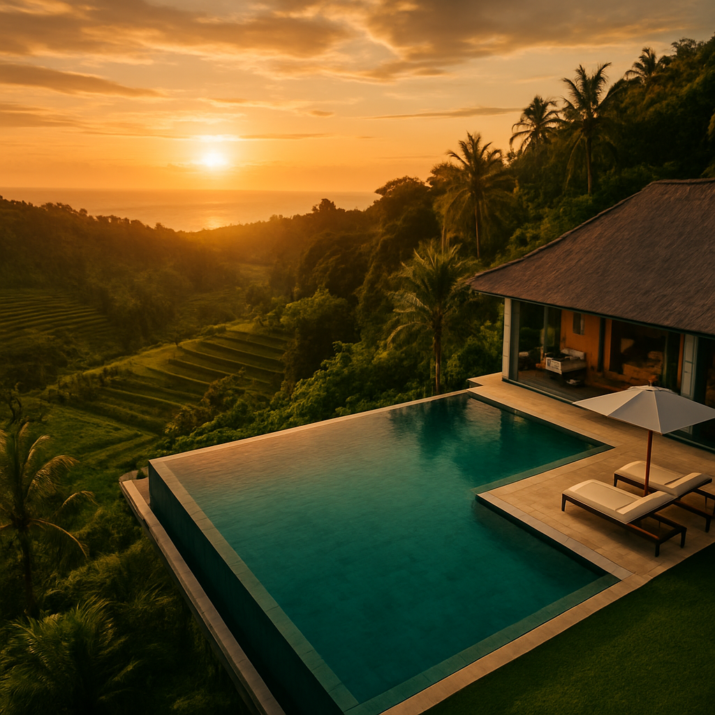 Aerial view of a luxury Bali villa overlooking jungle and ocean at golden hour